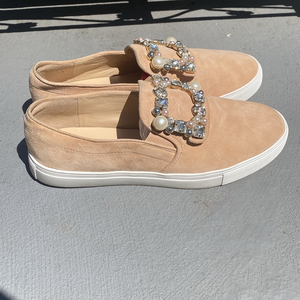 Karl Lagerfeld suede Tan Embellished Women's Slip-On Shoes. Like new - Picture 2 of 3